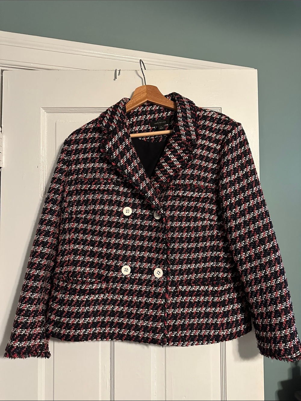 Ann Taylor Midnight & Red Tweed Double-Breasted Blazer